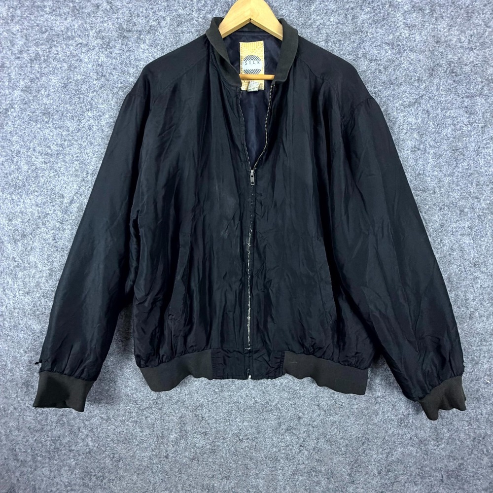 Vintage Silk Uomo Bomber Jacket Mens Medium Black Full Zipper Ribbed Outerwear